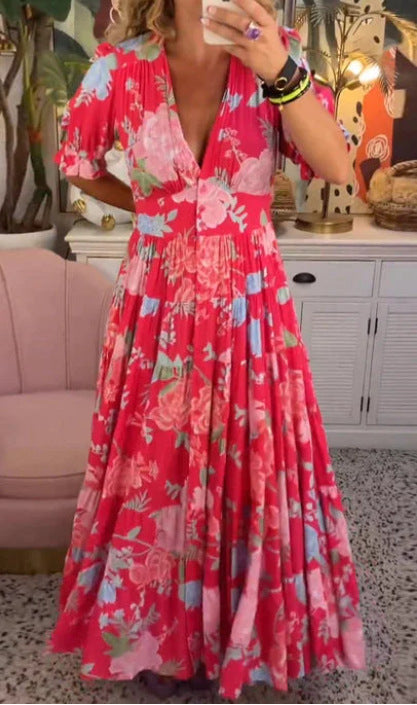 Vestido cómodo con escote en pico y bolsillos