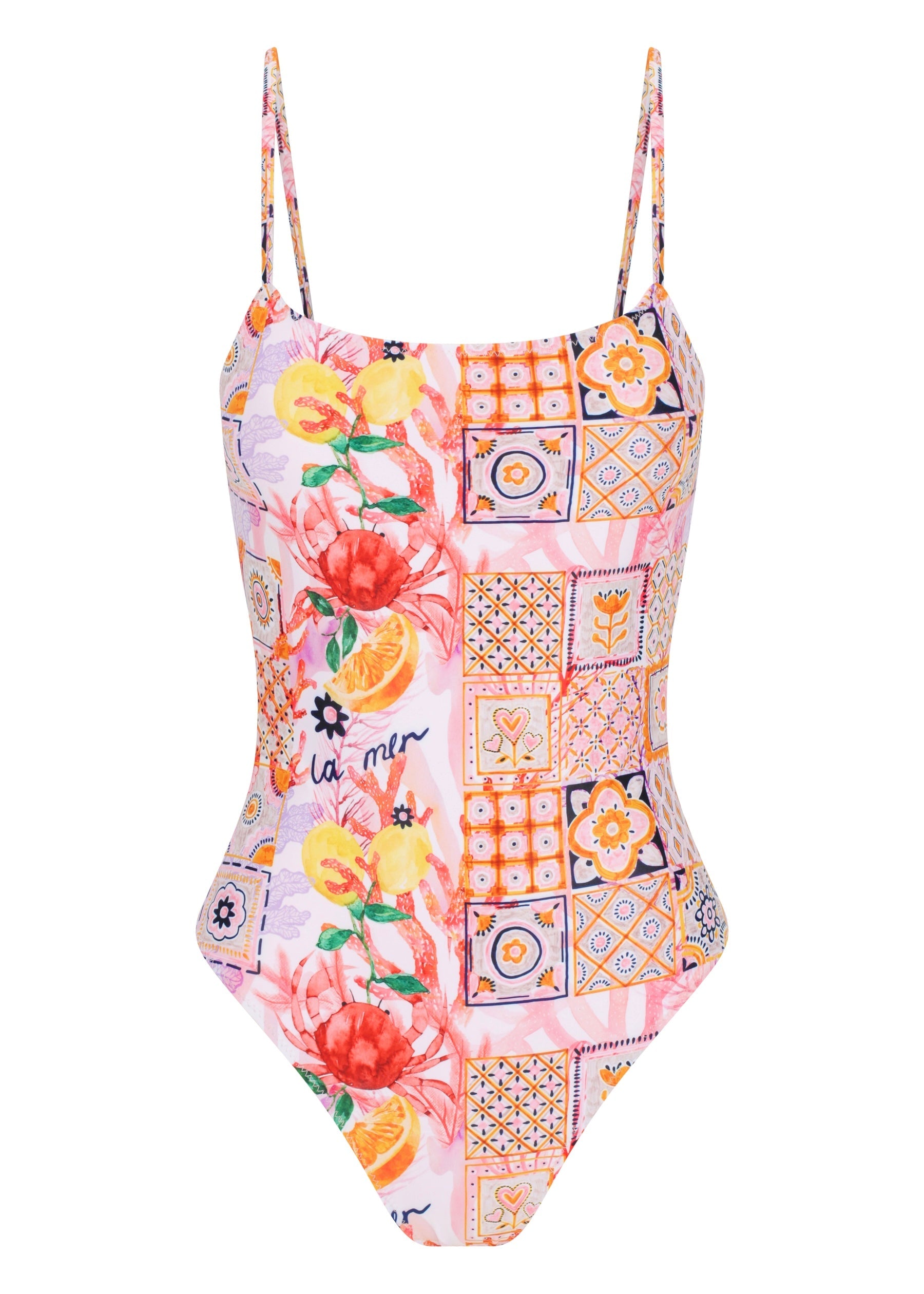 Colorful La Mer One Piece swimsuit with thin straps, featuring a vibrant patchwork of floral and geometric patterns, including fruits, flowers, tiles, and the word "la mer" on a pink background, non-padded style on a white backdrop.
