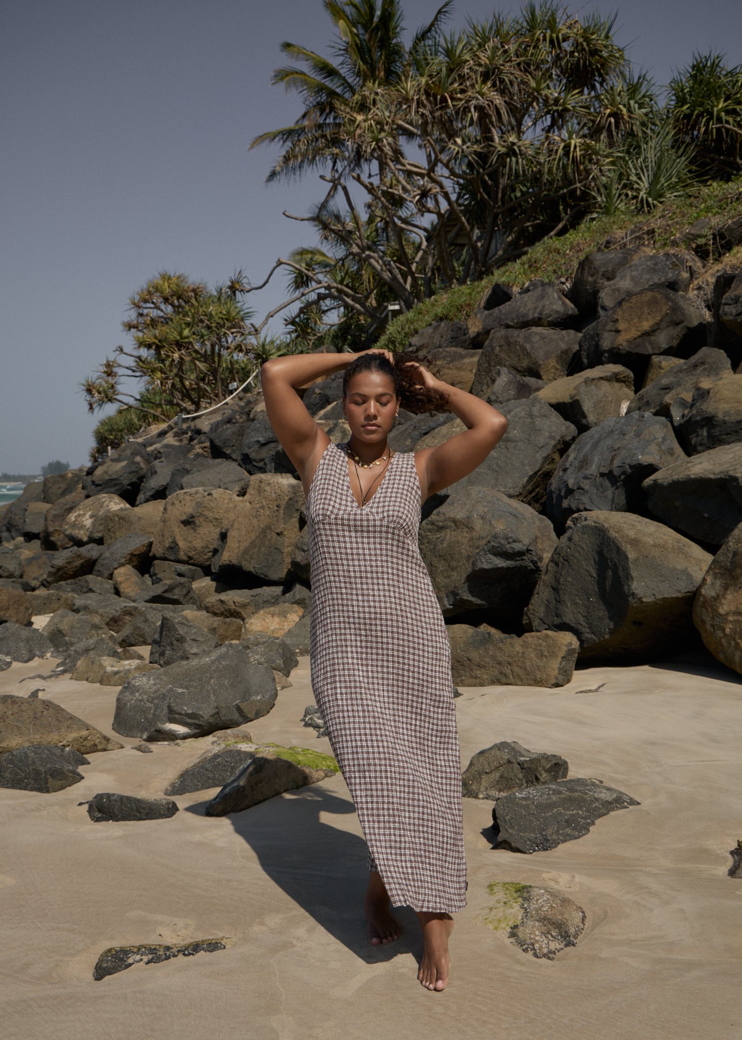 AFENDS Womens Base Tully - Seersucker Maxi Dress - Coffee Check