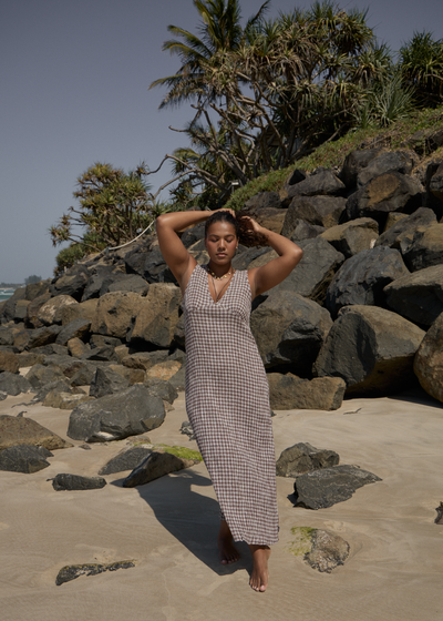 AFENDS Womens Base Tully - Seersucker Maxi Dress - Coffee Check