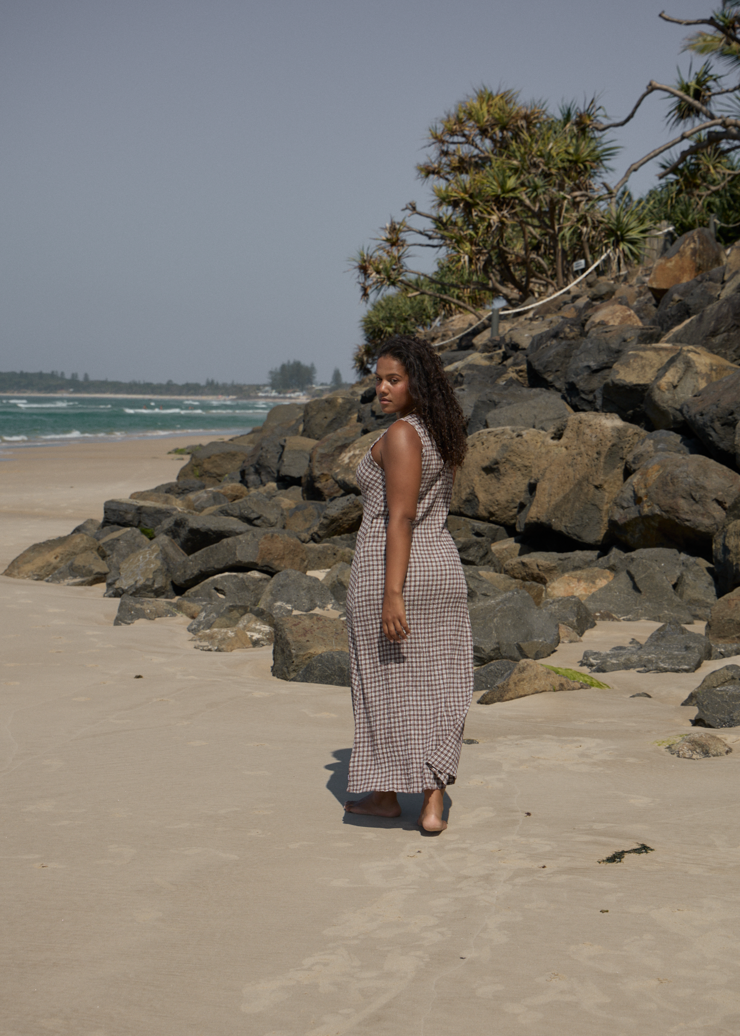 AFENDS Womens Base Tully - Seersucker Maxi Dress - Coffee Check