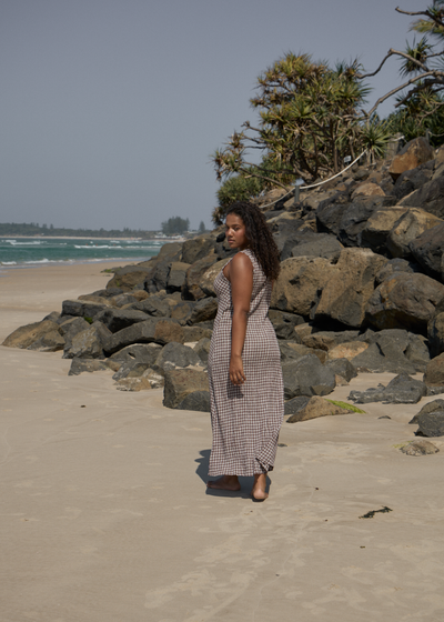 AFENDS Womens Base Tully - Seersucker Maxi Dress - Coffee Check