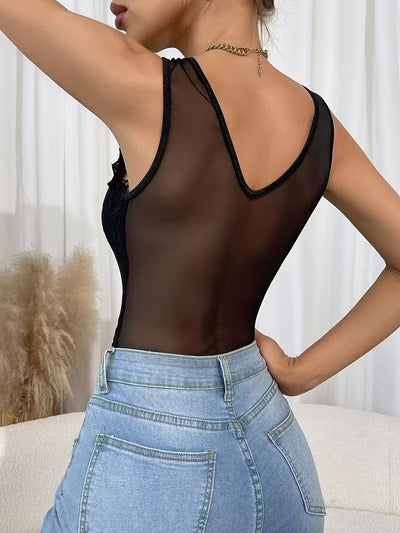 Body sexy con encaje transparente cuello en V profundo