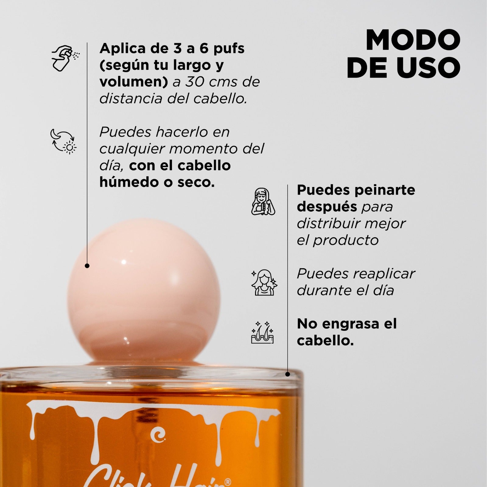 Cómo se usa el Perfume capilar de miel Click Hair
