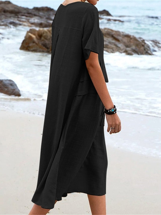Vestido de mujer de cuello redondo de lino y algodón